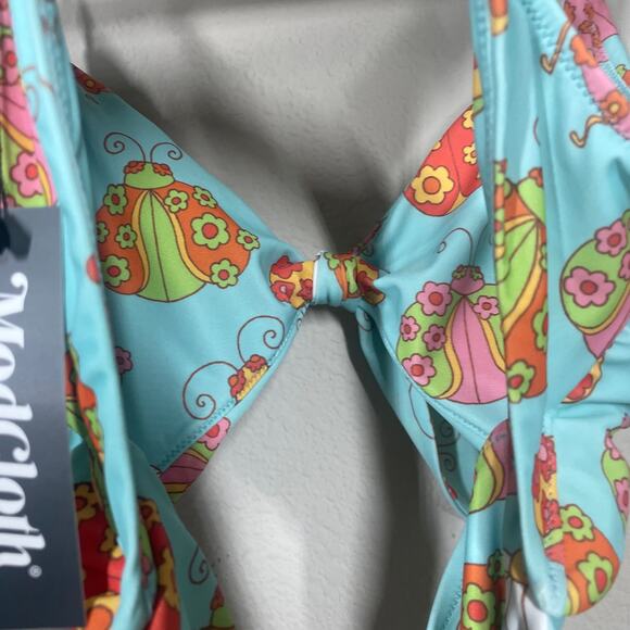 ModCloth Size Large The Siena One-Piece Swimsuit Blue Floral Tie Front Ladybug - Picture 8 of 10